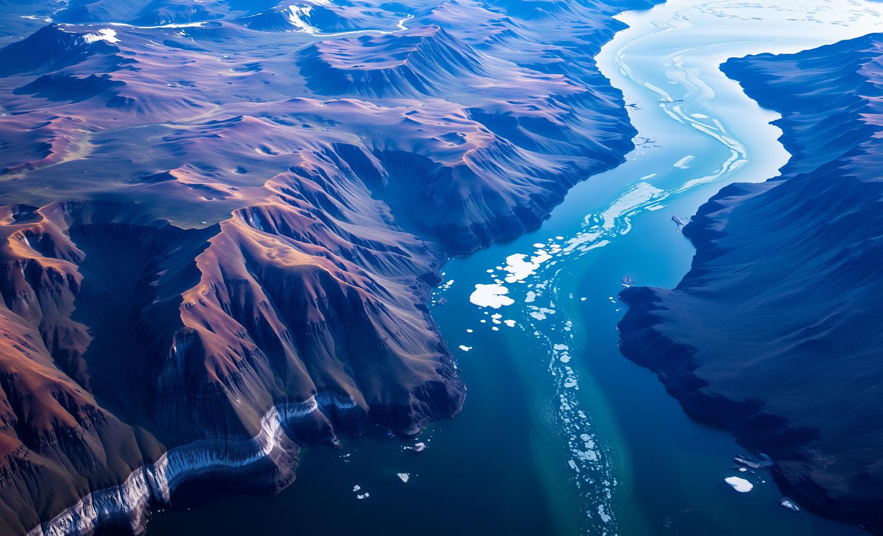 Aerial view of Greenland's dramatic landscape with fjords and ice