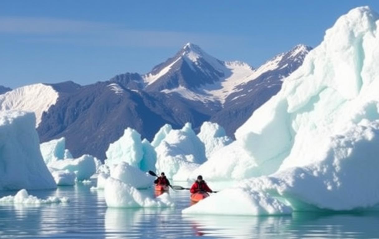 Kayaking among icebergs in Greenland fjord