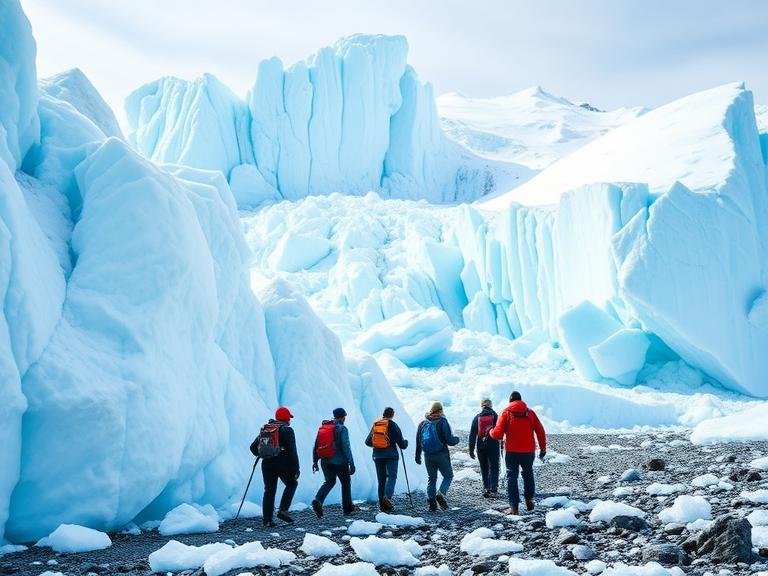 Adventurers hiking on a massive glacier in Greenland